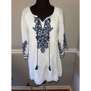 Chic Connection Boho Embroidered White‎ Navy Dress Womens Sz S